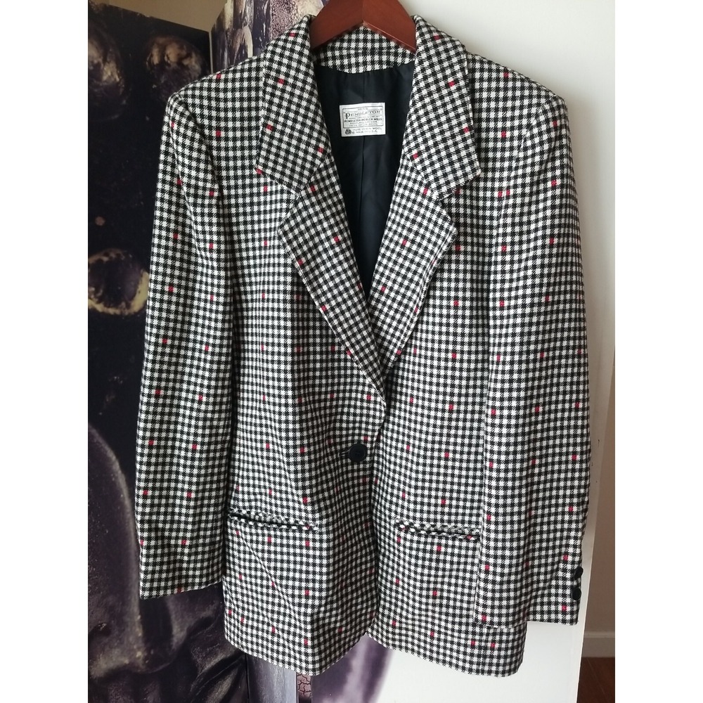Vintage‎ MISS PENDLETON Single Button Wool Blazer Black White Check Size 12